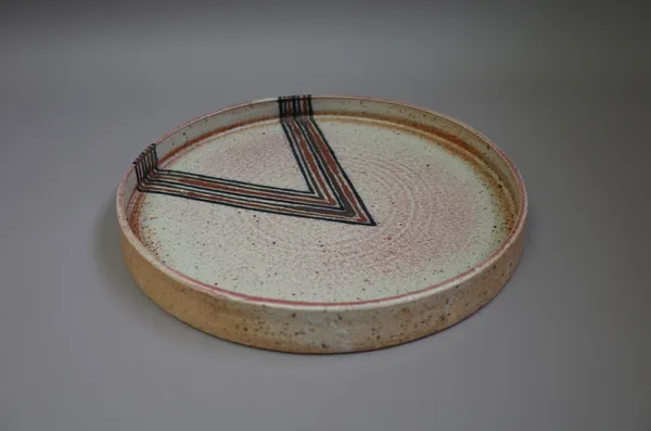 Derek Davis (1926-2008), a large thrown platter, 'Chevron', early example of striped theme, 1980s, signed, 33cm diameter