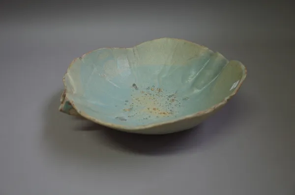 Eileen Lewenstein (1925-2005), a hammock moulded bowl with pale blue green glaze, makers mark, 35cm x 30cm.  DDS