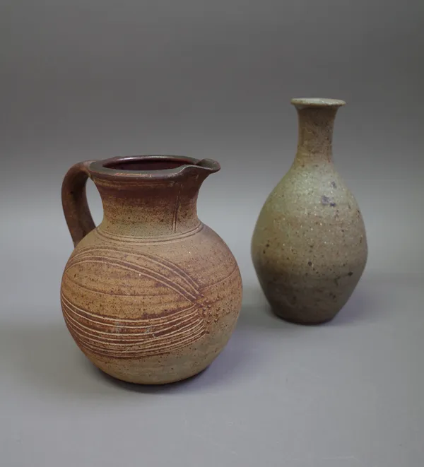 A jug together with a vase, both matt ash glazed, indistinctly marked, 18cm high.