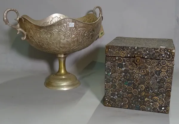 An early 20th century large silver plated centre bowl, 57cm wide x 40cm high and a 20th century Chinese cash coin box, 25cm wide x 25cm high, (2).