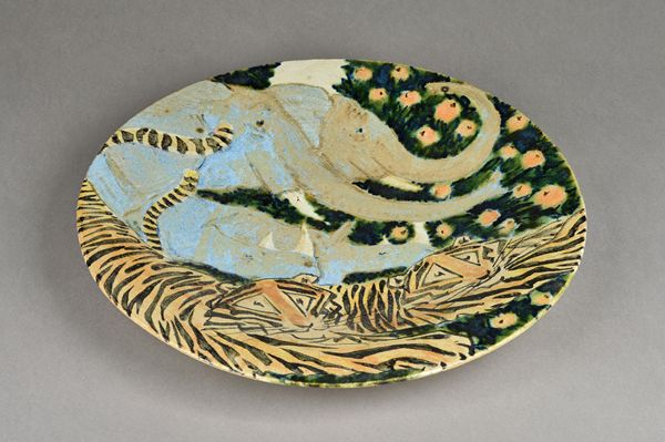 Josse Davis (born 1959), a large open bowl with animals from the ark, mixed glaze and pigments, signed and dated 1991, diameter 41cm. Illustrated.