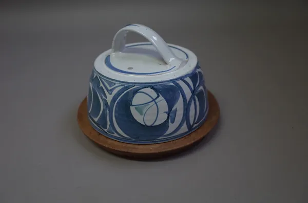 Edgar Campden, Aldermaston Pottery, a cheese dish with board, cobalt design over majolica glaze, signed with brush, 18cm diameter.  DDS