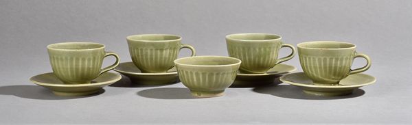 Harry & May Davis (1910-1986 & 1914-1998), a set of four coffee cups with saucers and sugar bowl, stoneware wth celadon glaze, with makers mark, CP, (