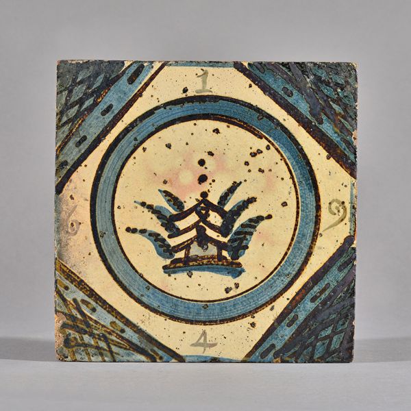 Attributed to Bernard Leach, a large tile, pagoda design, decorated with brushed cobalt and iron, stoneware fired, St Ives marks, 23cm square. Illustr