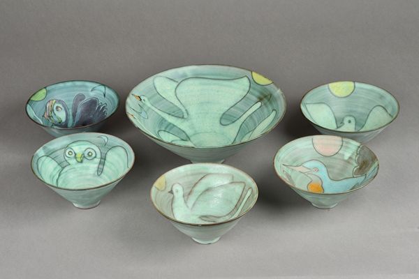 Tessa Fuchs (1936-2012), a large bowl and five smaller bowls, decorated with birds, all with makers stamp, 26cm diameter, (6).  DDS Illustrated.