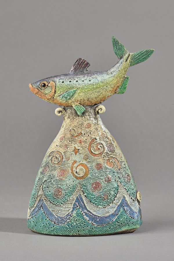 Blandine Anderson, a stoneware fish sculpture, finished with slips, oxides and stoneware glaze, makers stamp, 23cm high.  DDS Illustrated.