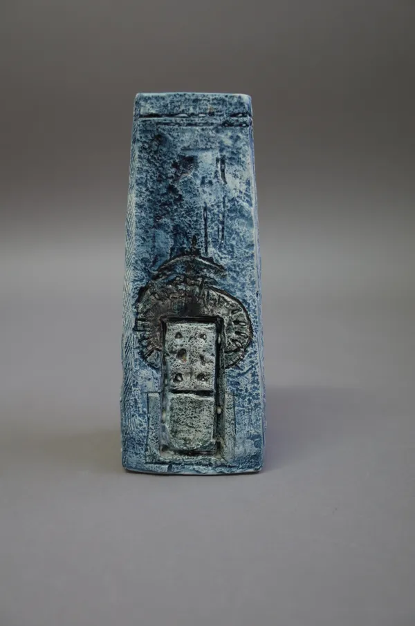 A Troika coffin vase, blue finish with initials to base, 17cm high.