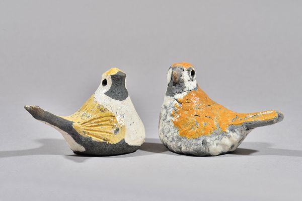 Rosemary Wren (1922-2013), a pair of raku sparrows, both with makers mark, 10cm high (2).  DDS Illustrated.