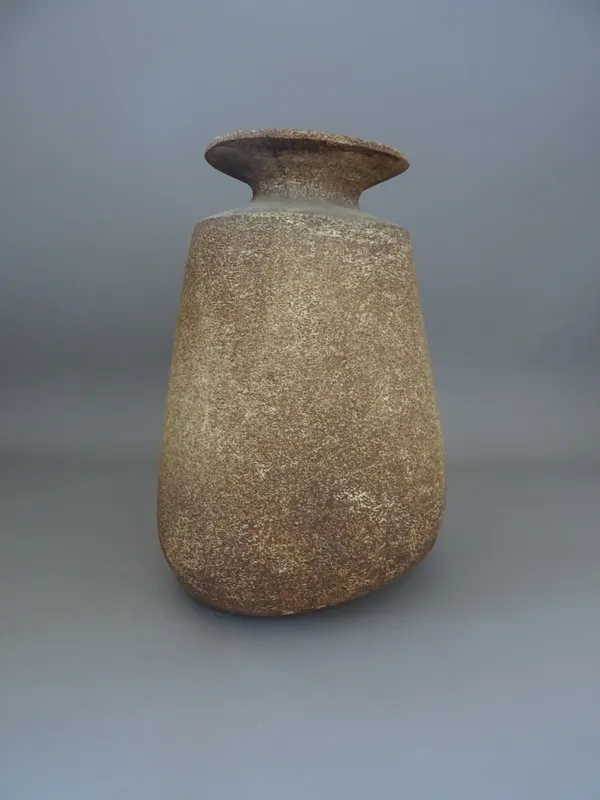 A large hand built stoneware form with tenmoku glaze internally and another thrown piece with blue glaze, 43cm high (2).