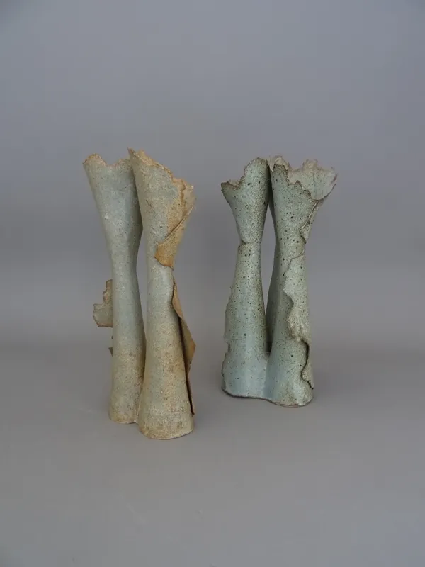 Two tall abstract forms, stoneware with ash glaze, makers mark, 30cm high.