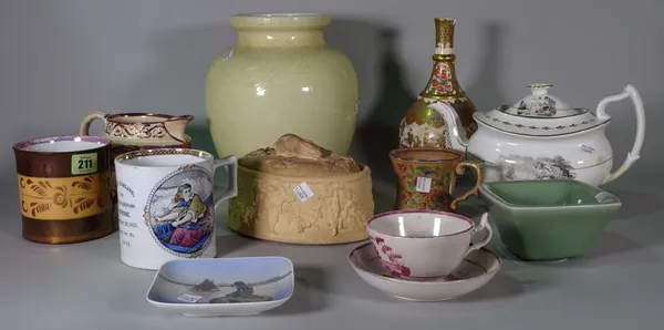 Ceramics, including; Japanese Satsuma vase, (a.f.) transfer printed tea pot, copper lustre mug, game pie dish and sundry, (qty).