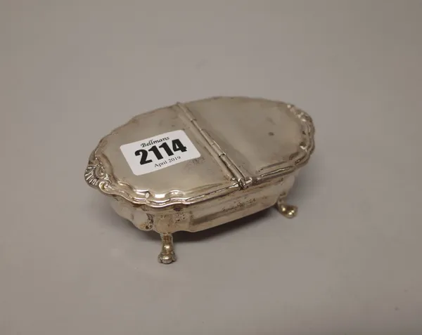 A German silver double spice box, of shaped oval form, with a pie-crust rim, raised on four feet, bears mark of Jakob Christian Laminit, Augsburg, 179