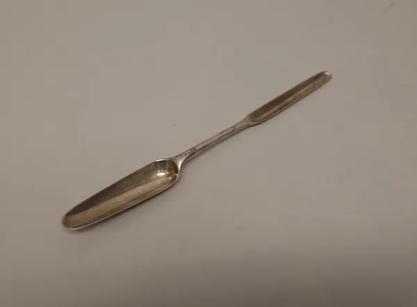 A silver marrow scoop, probably second half of the eighteenth century, maker's mark and date letter indistinct, length 20cm, weight 24 gms.