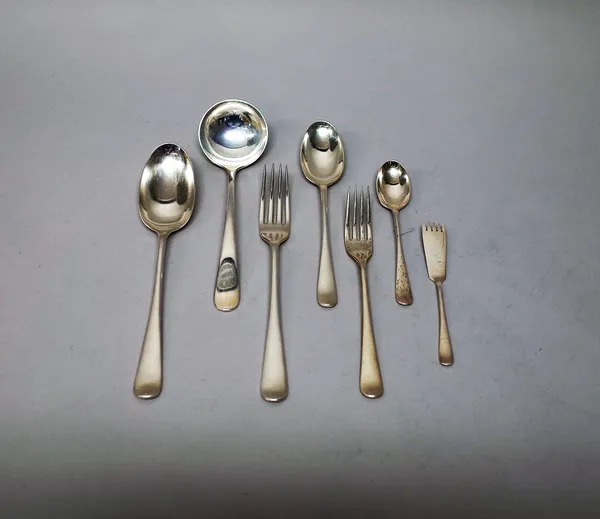 Silver rat tail pattern table flatware, comprising; ten table forks, twelve table spoons, twelve dessert forks, twelve dessert spoons, a pair of sauce