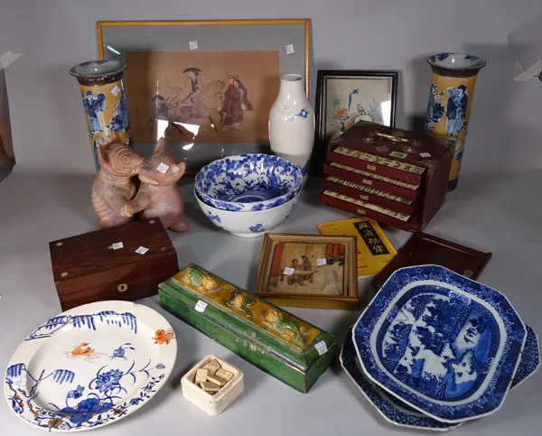 Ceramics and collectables, including; painted hardstone panels, plates, bowls mah-jong set and sundry, (qty).