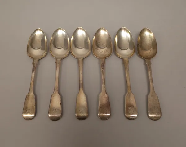 A set of six silver fiddle pattern dessert spoons, each engraved with the initial B, London 1825, weight 224 gms. (6)