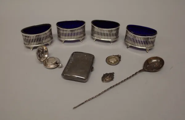 Silver and silver mounted wares, comprising; a set of four oval salts, with gallery pierced decoration, each raised on four feet, Chester 1912, with f