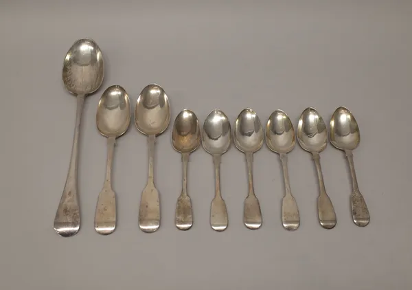 Silver flatware, comprising; a pair of Victorian fiddle pattern tablespoons, London 1854, three fiddle pattern dessert spoons, London 1840 and three f