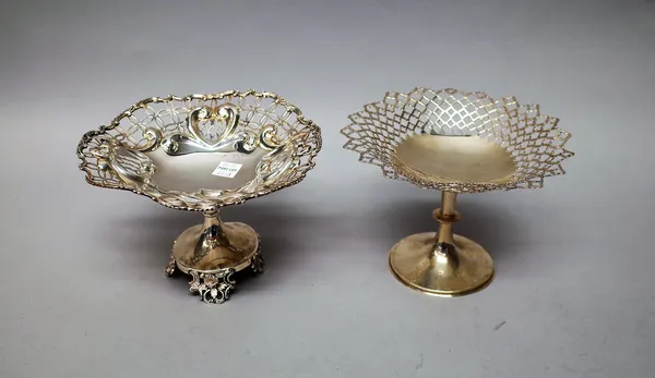 Silver, comprising; a pedestal bonbon dish, decorated with a pierced border, raised on a trumpet shaped circular foot, Sheffield 1911 and a pedestal b