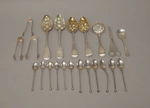 Silver, comprising; two matched pairs of berry spoons, a fiddle and thread pattern sugar sifting spoon, London 1830, a pair of Victorian grape scissor