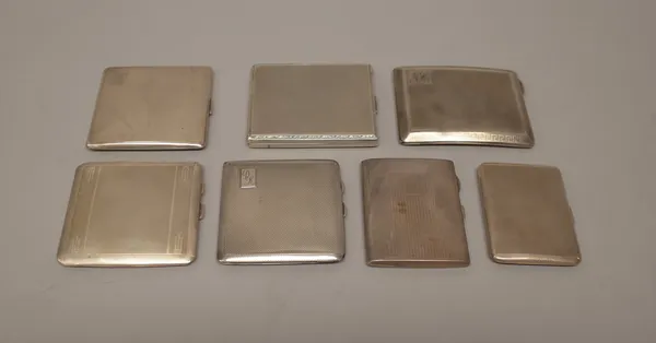 Silver, comprising; a rectangular cigarette case, the exterior with engine turned decoration, Birmingham 1946, five further cigarette cases with engin