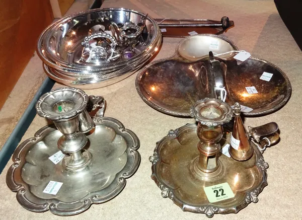 Silver plated wares, including; two similar Georgian candle holders and a quantity of dishes, spoons and sundry, (qty).