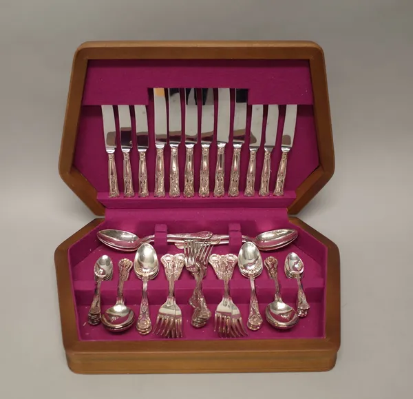 A King's pattern plated canteen of table flatware, for six place settings, including four tablespoons, an additional set of six plated King's pattern