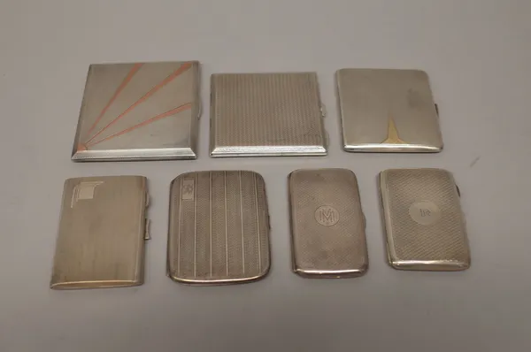 Silver, comprising; a rectangular cigarette case, decorated with sunrays on an engine turned ground, in the Art Deco taste, Birmingham 1937 and six fu