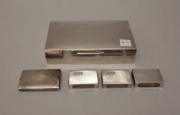 A silver table cigarette box, of rectangular form, wooden lined within, the cover presentation inscribed, probably Birmingham 1938, three similar matc