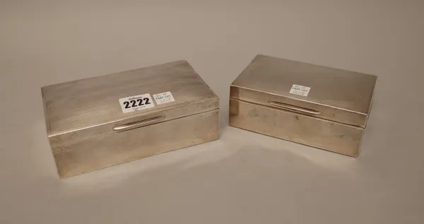 A silver mounted rectangular table cigarette box, the lid engine turned, wooden lined within, Birmingham 1950 and a silver mounted rectangular table c