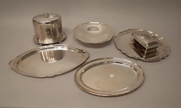 A group of plated wares, comprising; a Mappin & Webb oval hinge lidded biscuit box, raised on an integral stand, having four ball feet, a shaped circu