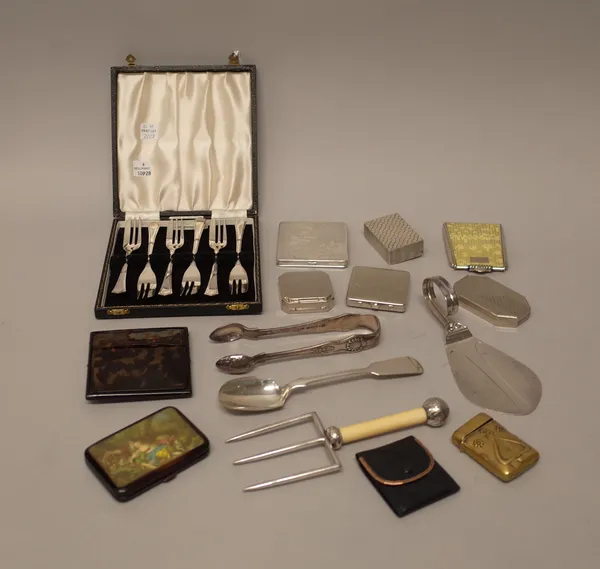 A set of six silver pastry forks, Birmingham 1955, with a case, a plated break fork, a silver cheese scoop, (as fashioned from a spoon), a pair of pla