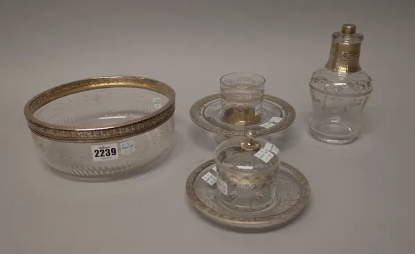 A group of French silver mounted Palais Royale style glassware, with facet cut and acid etched decoration, including; a circular bowl, a lidded preser