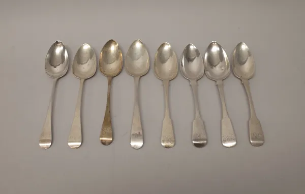 Silver table flatware, comprising; a pair of fiddle pattern tablespoons, London 1813, a pair of fiddle pattern tablespoons, London 1814 and four furth