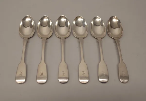 A set of six Victorian silver fiddle pattern dessert spoons, each initial engraved, London 1859, weight 298 gms, (6).