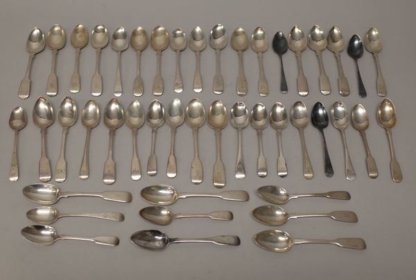 A collection of silver teaspoons, comprising; six fiddle pattern teaspoons, probably London 1815, six fiddle pattern teaspoons, London 1841, five fidd