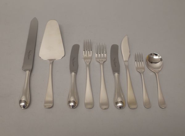 Modern silver table flatware, comprising; twelve small forks, twelve fish forks, twelve fish knives, twelve table forks, twelve fruit spoons, one serv