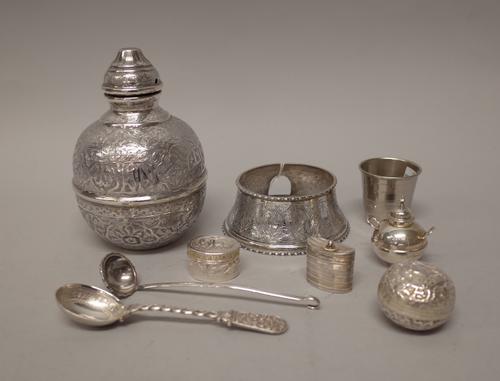 Foreign wares, comprising; an Egyptian vessel, cover and stand, of bulbous form, with engraved decoration, a Dutch oval hinge lidded cachou box, two A