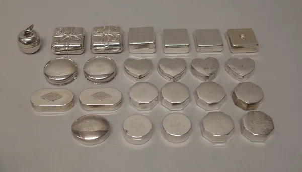 A collection of twenty-four foreign pill and trinket boxes, comprising; five octagonal matching examples, four heart shaped examples, a pair of square