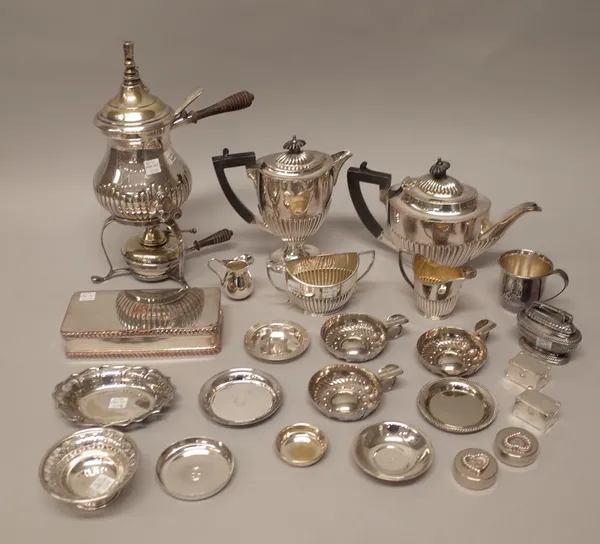 Plated wares, comprising; a four piece tea set, a coffee perculator, with a stand and a spirit burner, a table cigarette box, a Ronson Queen Anne patt
