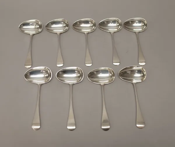 A set of eight silver Old English pattern ladles, London 1905 and a Victorian silver Old English pattern ladle 1891, combined weight 595 gms, (9).
