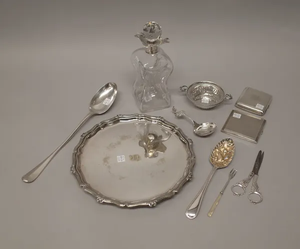 Silver and silver mounted wares, comprising; a glass dimple decanter, Birmingham 1925, a twin handled bonbon dish, with pierced decoration, Birmingham