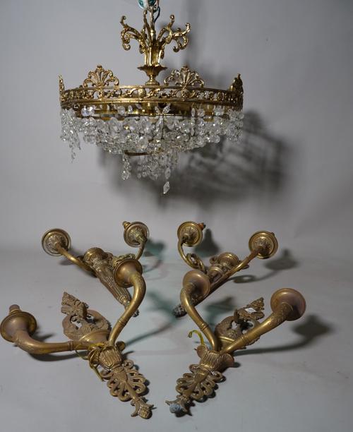 An early 20th century brass and glass bag ceiling light, 40cm wide, a pair of Regency style brass two branch wall lights and an 18th century style bra
