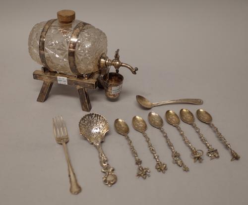 A Victorian silver sugar sifting spoon, with cast and pierced decoration, London 1854, a salt spoon and a christening fork, combined weight 99 gms, al