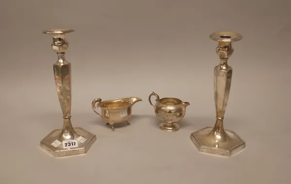Silver and silver mounted wares, comprising; a pair of table candlesticks, each of tapered hexagonal form, raised on a hexagonal foot, Birmingham 1920