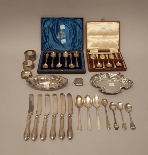 Silver and silver mounted wares, comprising; a set of six teaspoons, Sheffield 1899, cased, a set of six coffee spoons, Sheffield 1955 (cased), a bonb