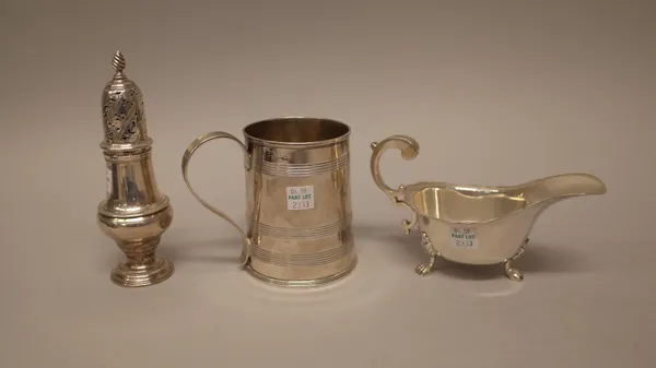 Silver, comprising; an early George III caster of inverted pear shaped form, London 1764, a mug decorated with reeded bands, height 10cm, (the hallmar