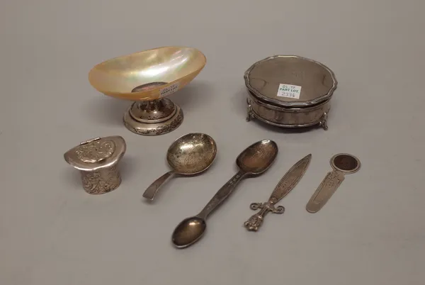 Silver and silver mounted wares, comprising; a Victorian double ended medicine spoon, London 1865, a tea caddy spoon, with engraved decoration, probab