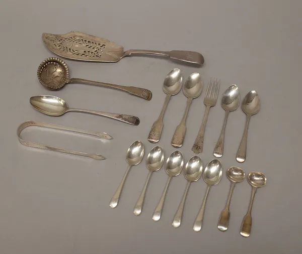 Silver flatware, comprising; a fiddle pattern fish slice, engraved and pierced with a fish motif, London 1844, a pair of George III sugar tongs, with