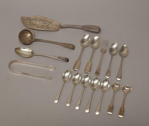 Silver flatware, comprising; a fiddle pattern fish slice, engraved and pierced with a fish motif, London 1844, a pair of George III sugar tongs, with